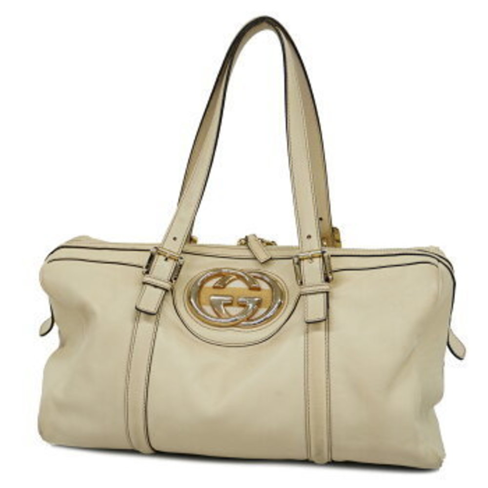 Gucci Interlocking GG White Silver Hardware Leather Shoulder Bag